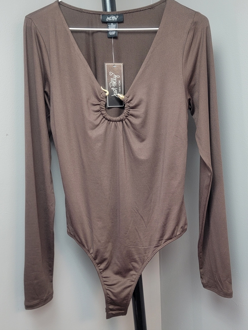 Just Polly Womens Bodysuit Top Long Sleeve Blouse Mocha Brown Snake Buckle Sz XL